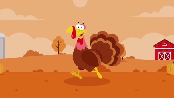 Funny Cartoon Turkey Walking Autumn Landscape Background Footage Thanksgiving Concept — Stock Video