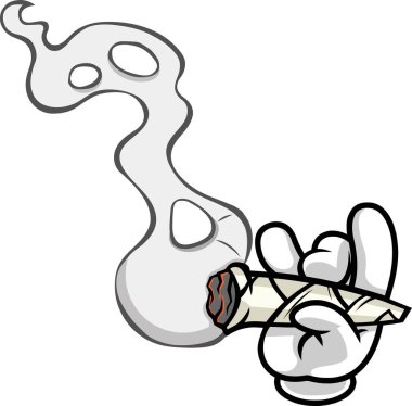 Cartoon Hand With Glove Holding A Marijuana Cannabis Cigarette Joint With Smoke. Vector Hand Drawn Illustration Isolated On Transparent Background