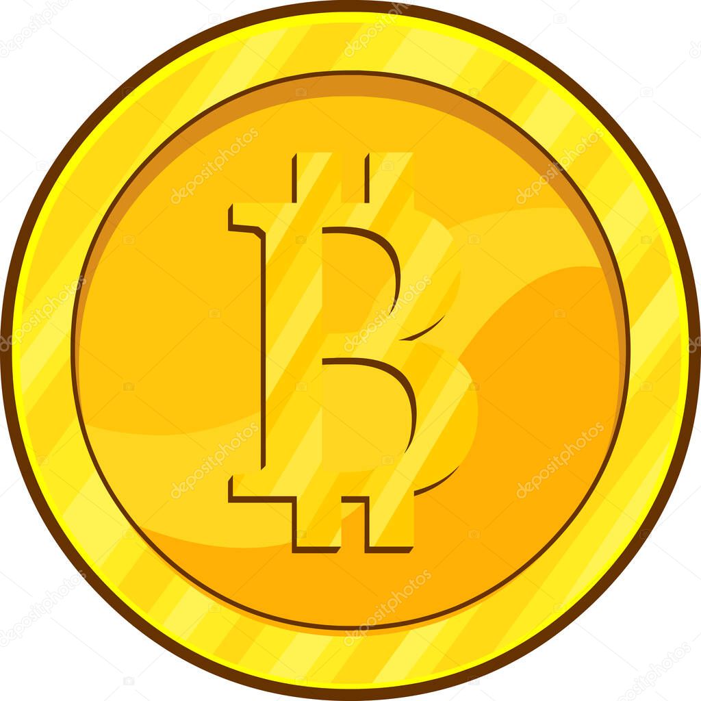 Cartoon Golden Coin With Bitcoin Sign. Vector Hand Drawn Illustration Isolated On Transparent Background