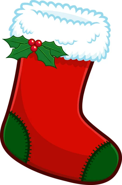 Cartoon Red Christmas Sock Holly Berries Leaves Vector Hand Drawn — Stok Vektör