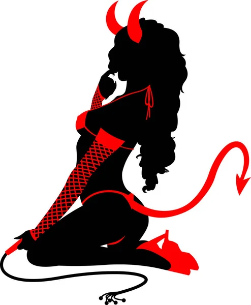 Sexy Devil Girl Silhueta Com Tridente Ilustração Projeto Plano Vetorial — Vetor de Stock
