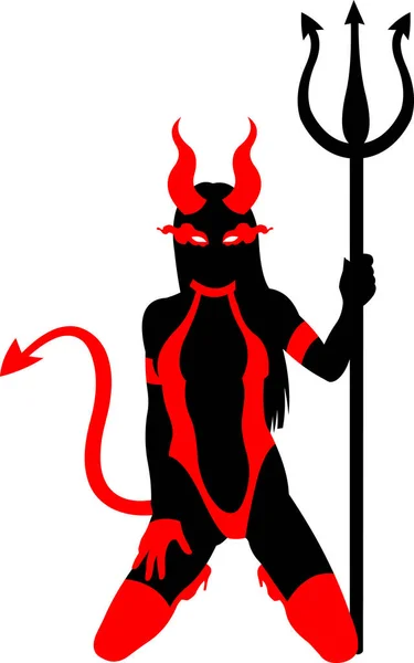 Сексуальная Девушка Дьявол Силуэт Трезубцем Векторная Плоская Иллюстрация Изолированная Прозрачном — стоковый вектор