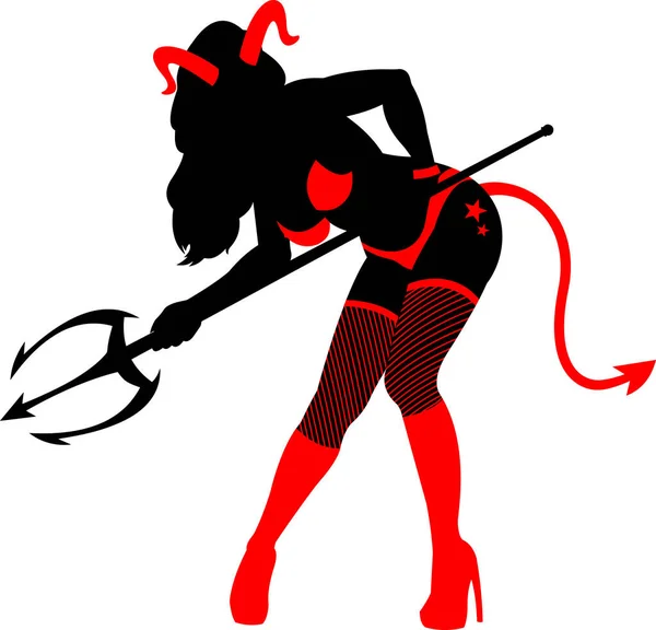 Sexy Devil Girl Silhueta Com Tridente Ilustração Projeto Plano Vetorial —  Vetores de Stock