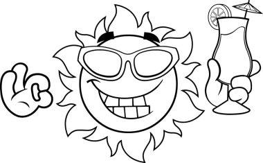 Güneş Gözlüklü Gülen Güneş Çizgi Filmi Karakteri ve Yaz Kokteyli. Raster Hand Çizim Resimleri Şeffaf Arkaplanda İzole Edildi