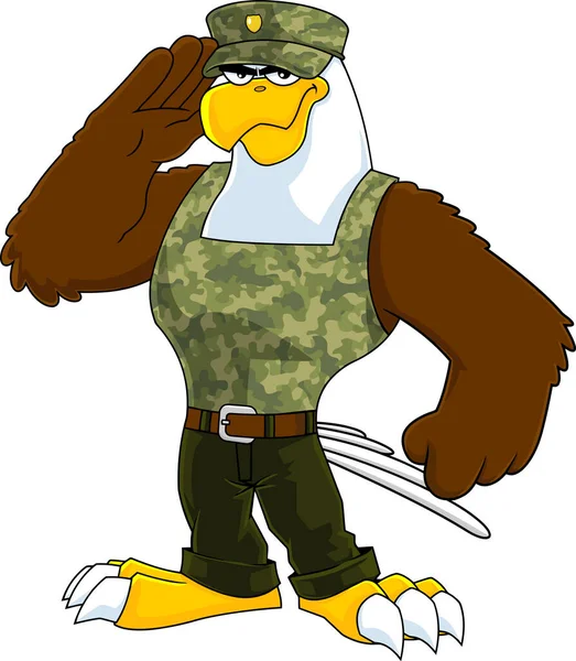 Eagle Soldier Cartoon Character Salute Illustration Dessinée Main Vectorielle Isolée — Image vectorielle