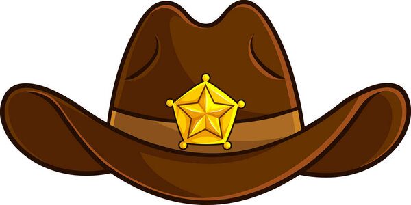 Cartoon Old Western Sheriff Hat With Gold Star. Raster Hand Drawn Illustration Isolated On Transparent Background