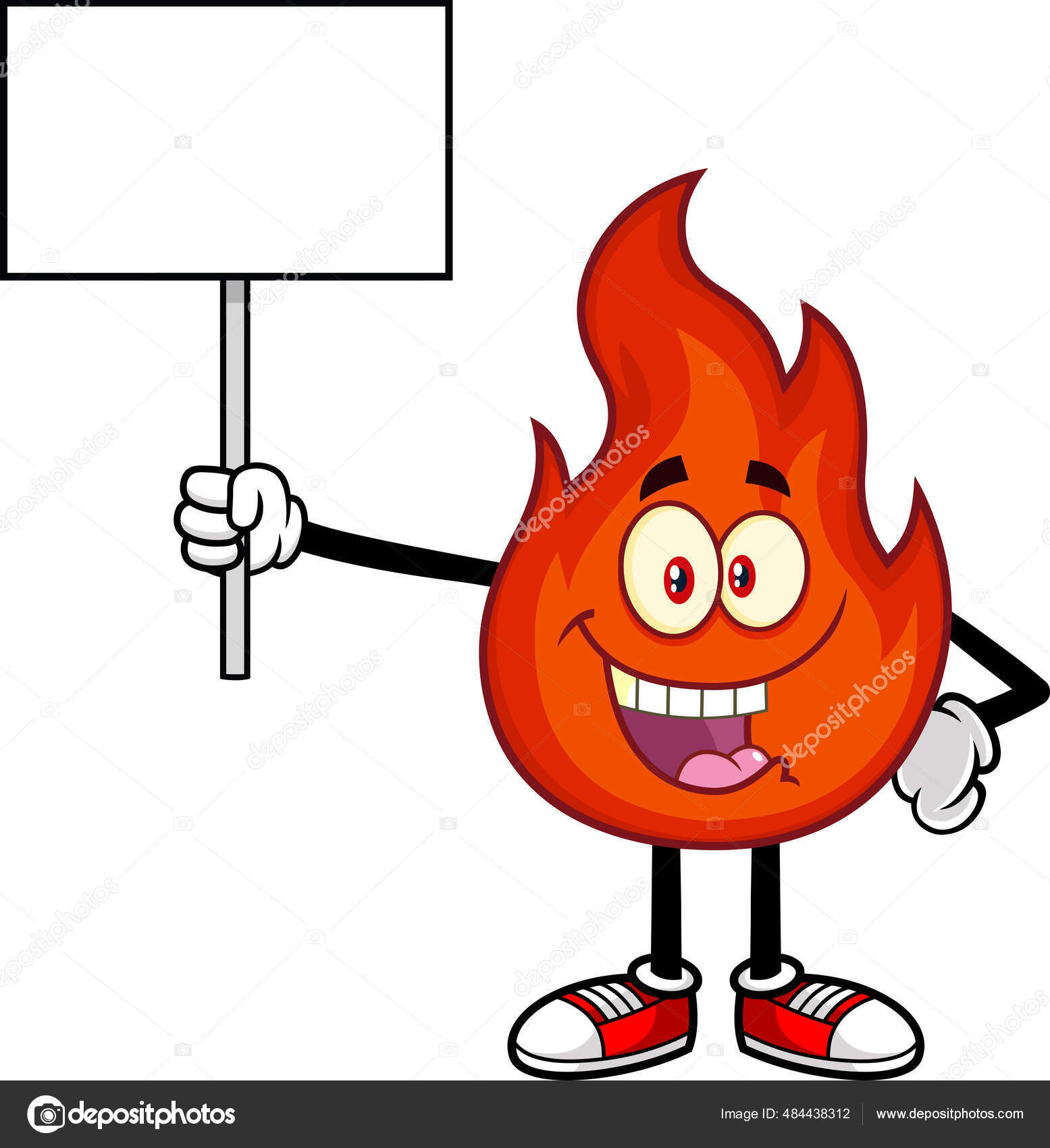 Personagem de desenho animado de fogo mal segurando um forcado na frente de  chamas fotos, imagens de © HitToon #54017543