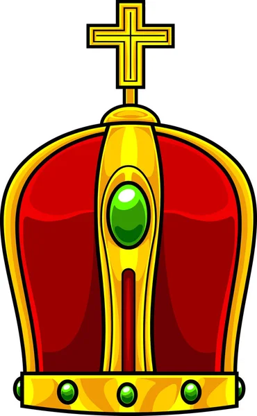 緑のダイヤモンドとクロスを持つ漫画黄金の王冠 透明感のある背景に独立したベクトル手描きイラスト — ストックベクタ
