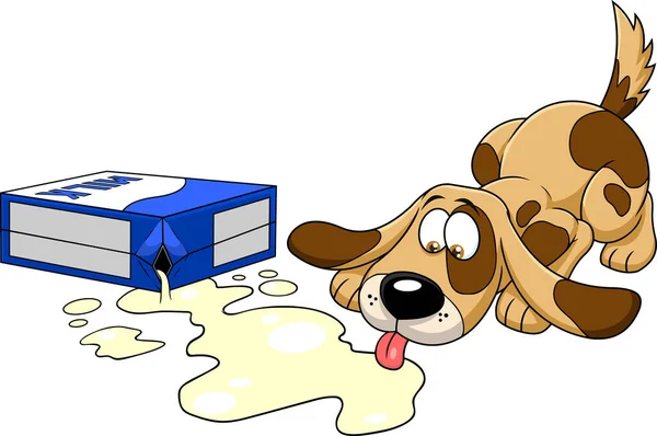 同情的狗卡通角色从破碎的盒子里喝牛奶 在透明背景下孤立的矢量手绘图解 — 图库矢量图片