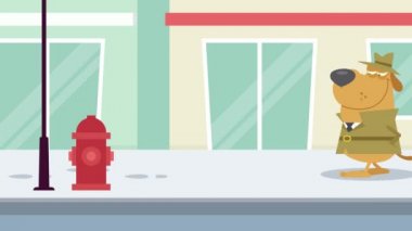 Köpek dedektifi caddede büyüteçle ipucu arıyor. 4K Animasyon Video Hareketi Arkaplan Grafikleri