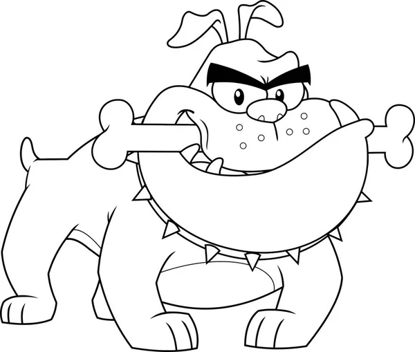 Outlined Angry Bulldog Cartoon Mascot Character Bone His Mouth 발매하였다 — 스톡 벡터