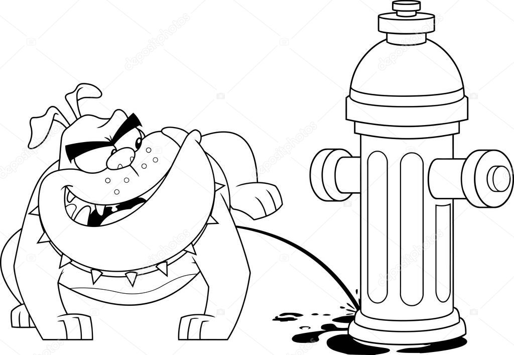 Outlined Bulldog Cartoon Mascot Character Peeing On A Fire Hydrant. Vector Hand Drawn Illustration Isolated On Transparent Background