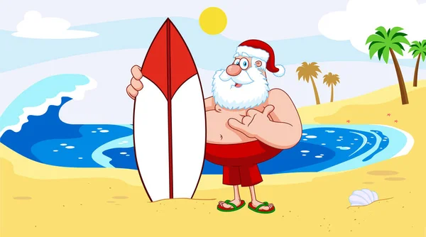 Santa Con Ilustración Vectorial Tabla Surf — Vector de stock