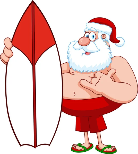 Weihnachtsmann Mit Surfbrettvektorillustration — Stockvektor