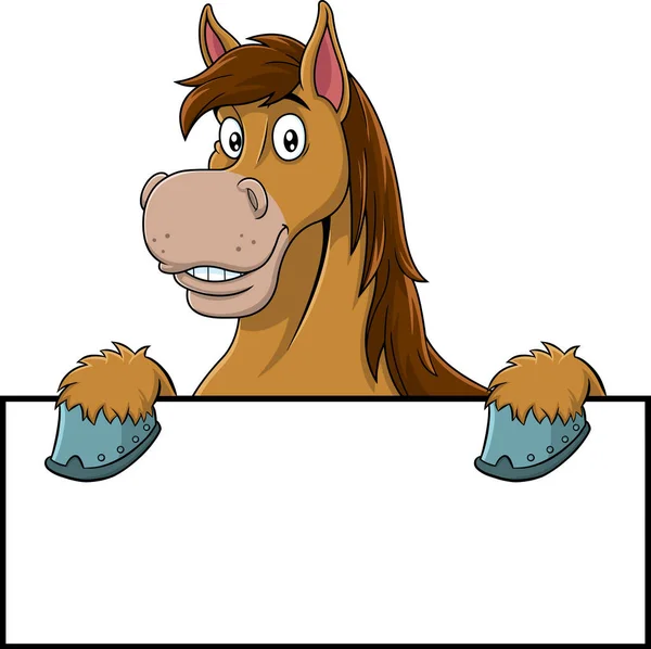Funny Horse Cartoon Mascot Character Blank Wooden Sign Board Vector — Stock Vector