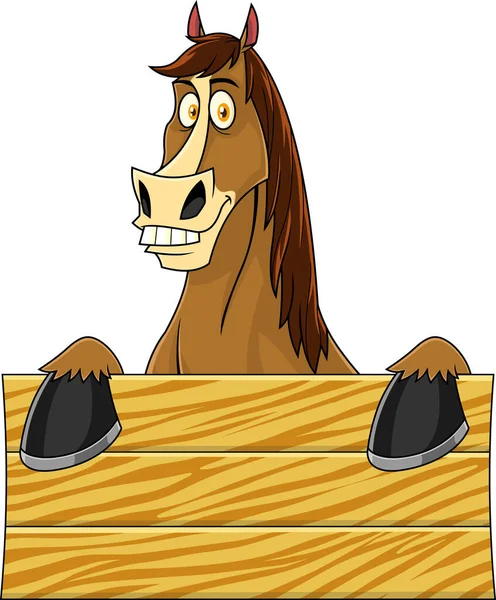 Funny Horse Cartoon Maskot Postava Přes Prázdné Dřevěné Tabuli Vektor — Stockový vektor