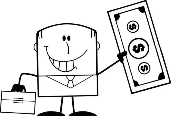 Zwart-wit gelukkige zakenman met werkmap houden een dollar bill — Stockfoto