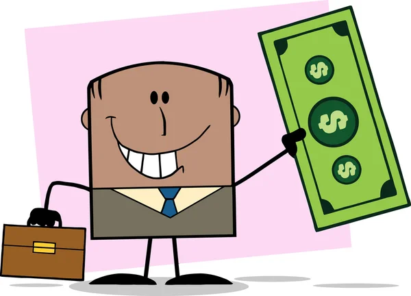 Lucky African American Businessman With Briefcase Holding A Dollar Bill Character On Background — Stock Photo, Image