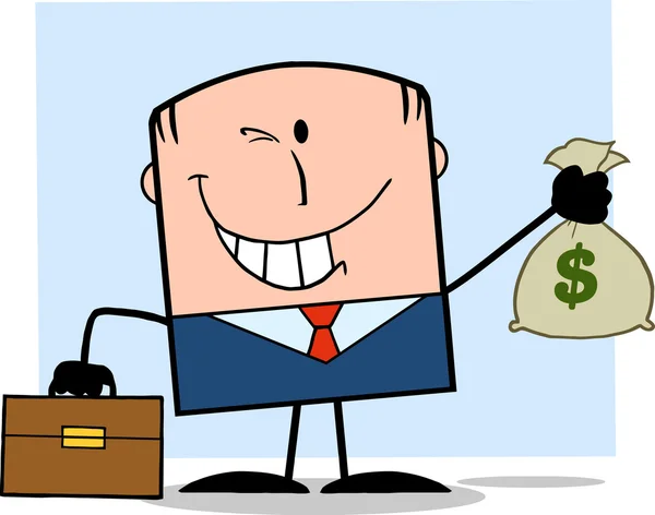 Winking Бізнесмен з портфелем тримає символ грошової сумки на тлі — стокове фото