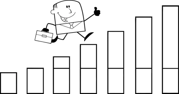 Empresario blanco y negro dando un pulgar hacia arriba y corriendo sobre el gráfico de barras en crecimiento — Foto de Stock