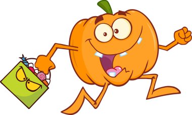 candy çanta ile çalışan goofy halloween balkabağı çizgi film karakteri