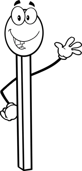 Black And White Happy Match Stick Cartoon Character Waving — Stock Photo, Image