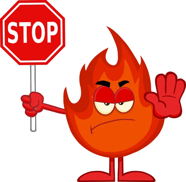 Злой огонь мультипликационный персонаж с табличкой stop — стоковое фото