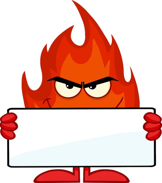 Smiling Fire Cartoon Character Holding A Blank Banner — Stock Photo, Image