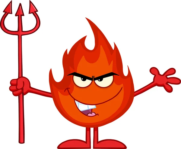 Evil Fire Cartoon Character Holding Up A Pitchfork — Stock Photo, Image