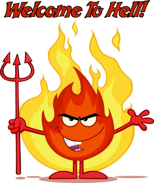 Personaggio dei cartoni animati di fuoco male alzando un forcone davanti a fiamme con testo — Foto Stock