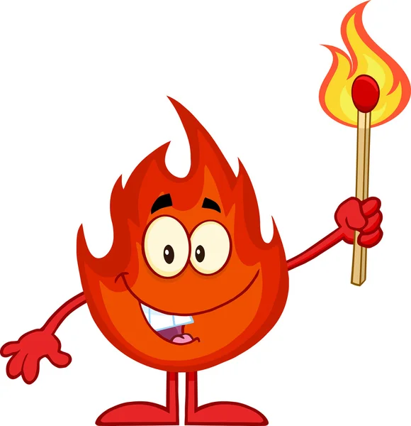 Fire Cartoon Mascot Character Holding Up A Flaming Match Stick — Stock Photo, Image