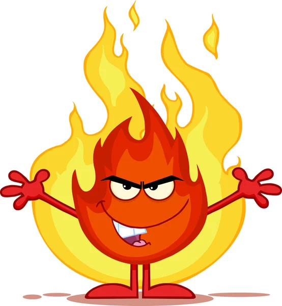 Evil Fire Cartoon Character With Open Arms In Front Of Flames — Stock Photo, Image