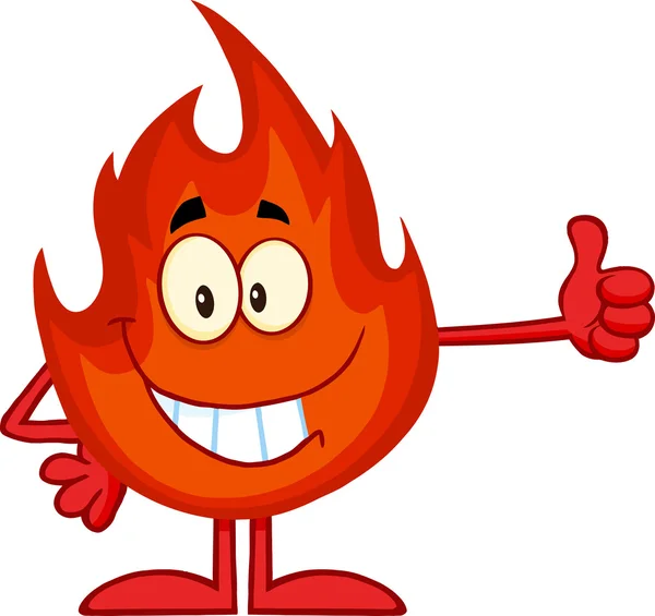 Sonriente personaje de dibujos animados de fuego dando un pulgar para arriba —  Fotos de Stock
