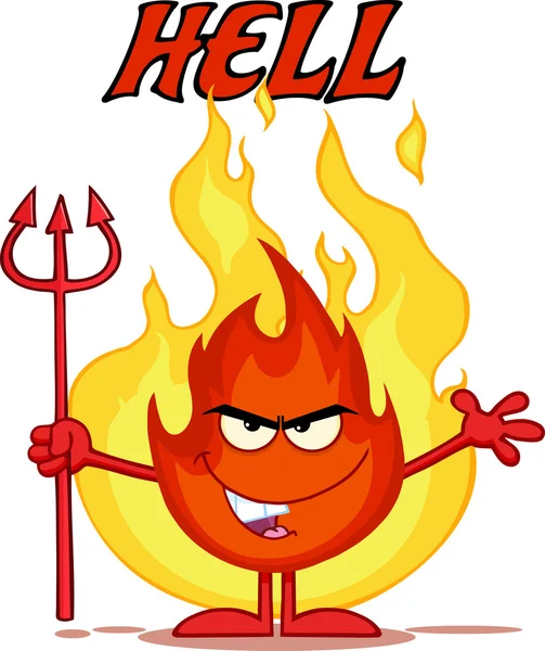 Evil Fire Cartoon Character Holding Up A Pitchfork In Front Of Flames With Text Hell — Stock Photo, Image