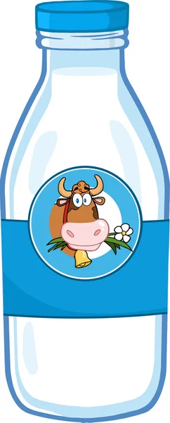 Melk fles met cartoon koe hoofd label — Stockfoto