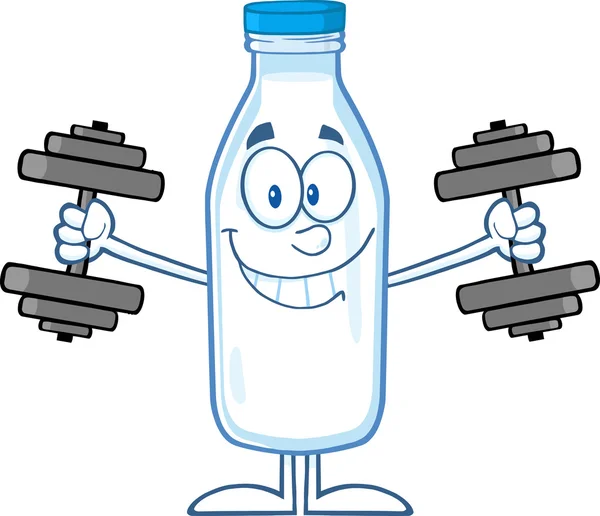 Addestramento sorridente del carattere del fumetto della bottiglia di latte con i manubri — Foto Stock