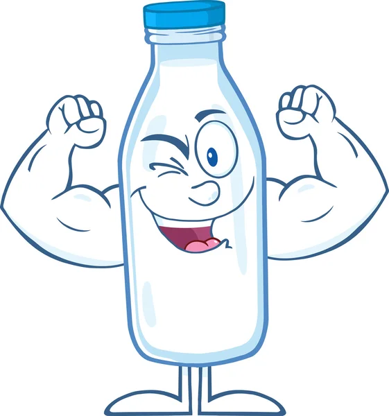 Carácter de la historieta de botella de leche guiñando mostrando brazos musculares — Foto de Stock