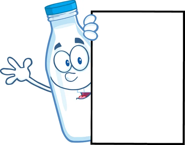 Carattere cartone animato bottiglia di latte guardando intorno a un segno vuoto e agitando — Foto Stock