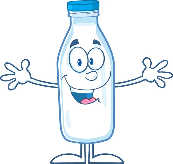 快乐的牛奶瓶的卡通人物与张开的双臂，拥抱 — 图库照片