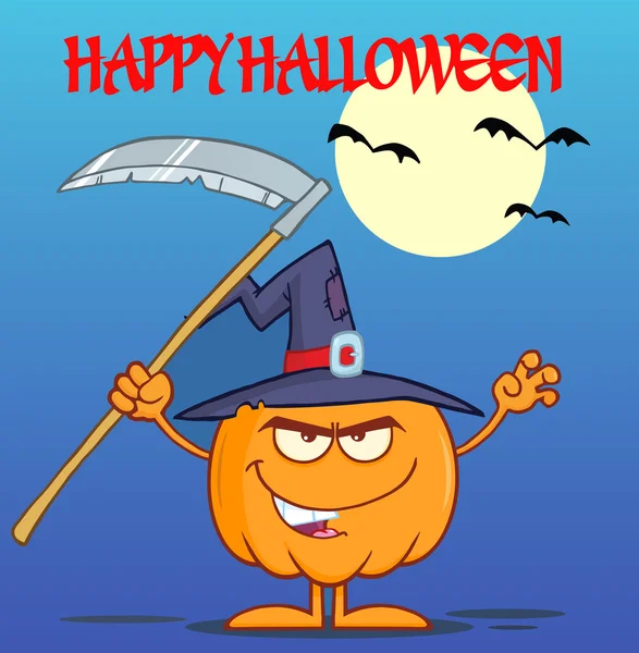 Schrikken halloween pompoen met een heks hoed en scythe wenskaart — Stockfoto