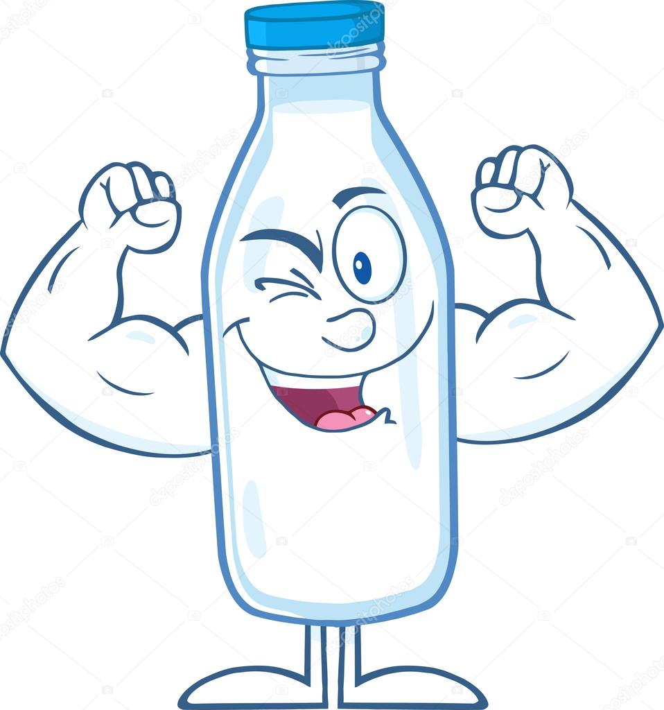 Winking Milk Bottle Cartoon Character Showing Muscle Arms