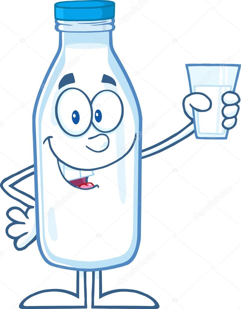 Smiling Milk Bottle Cartoon Character Holding A Glass With Milk