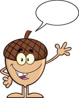 Konuşma balonu ile sallayarak gülümseyen meşe palamudu çizgi film karakteri