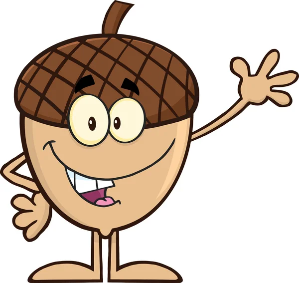 Smiling Acorn Cartoon Character Waving — Stok Foto