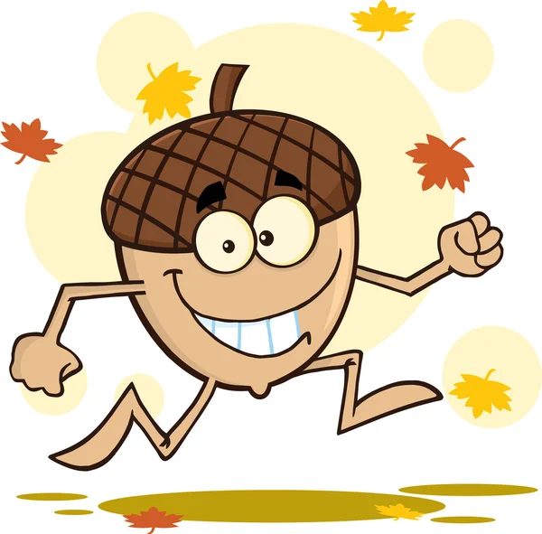 Feliz personaje de dibujos animados de maíz corriendo con hojas de otoño fondo —  Fotos de Stock