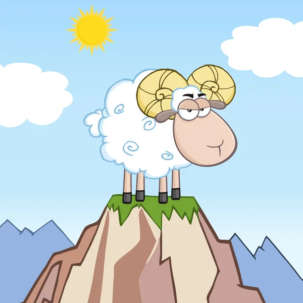 Arrabbiato Ram Sheep Cartoon personaggio sulla cima di una montagna — Foto Stock
