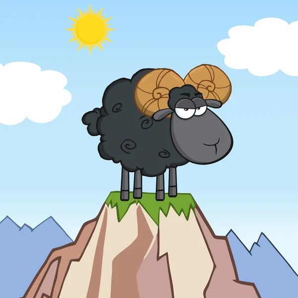 Персонаж мультфильма Angry Black Ram Sheep на вершине горы — стоковое фото