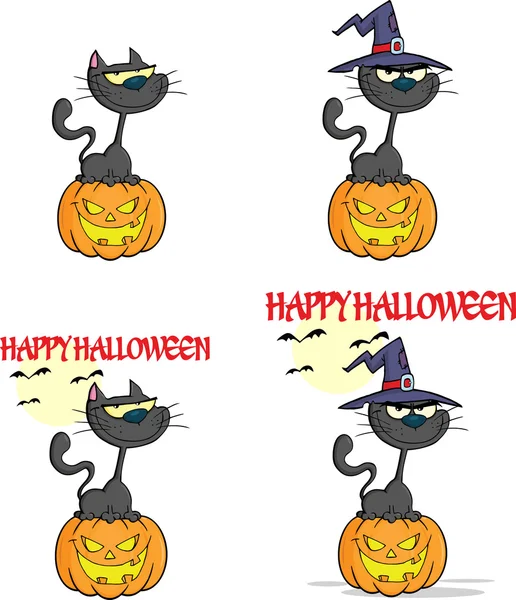 Хэллоуин Черная кошка в колпаке ведьмы на тыкве характер. Комплект мер — стоковое фото