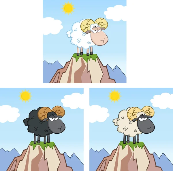 Karakter Kartun Domba Kambing Ram Di Puncak Gunung. Koleksi Ditata — Stok Foto