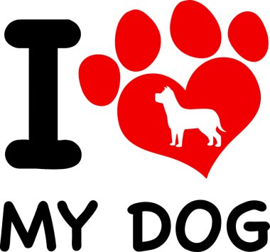 Benim köpek metin kırmızı kalp pençe baskı ve köpek siluet seviyorum